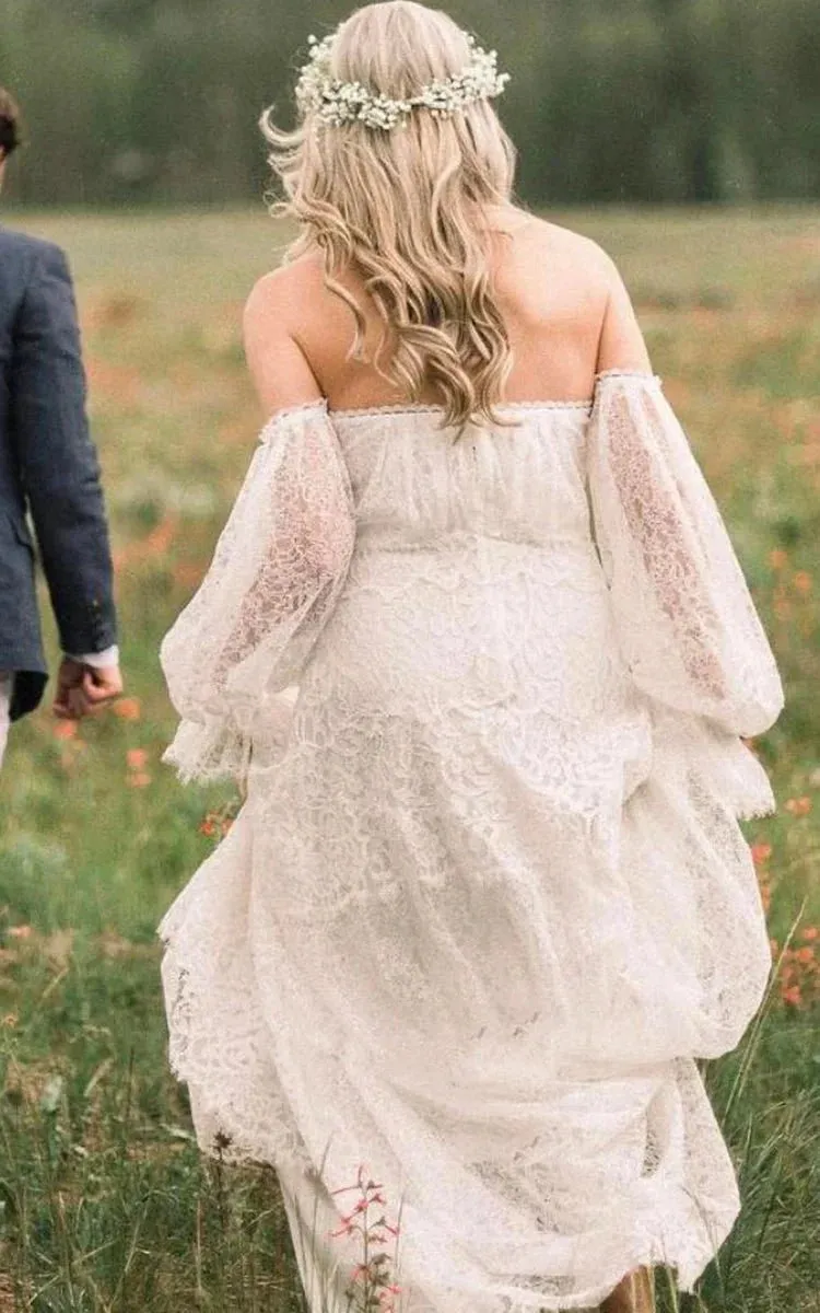 Ethereal Off-the-shoulder A Line Lace Court Train Open Back Wedding Dress with Ruching sold by KissProm product image thumbnail 2
