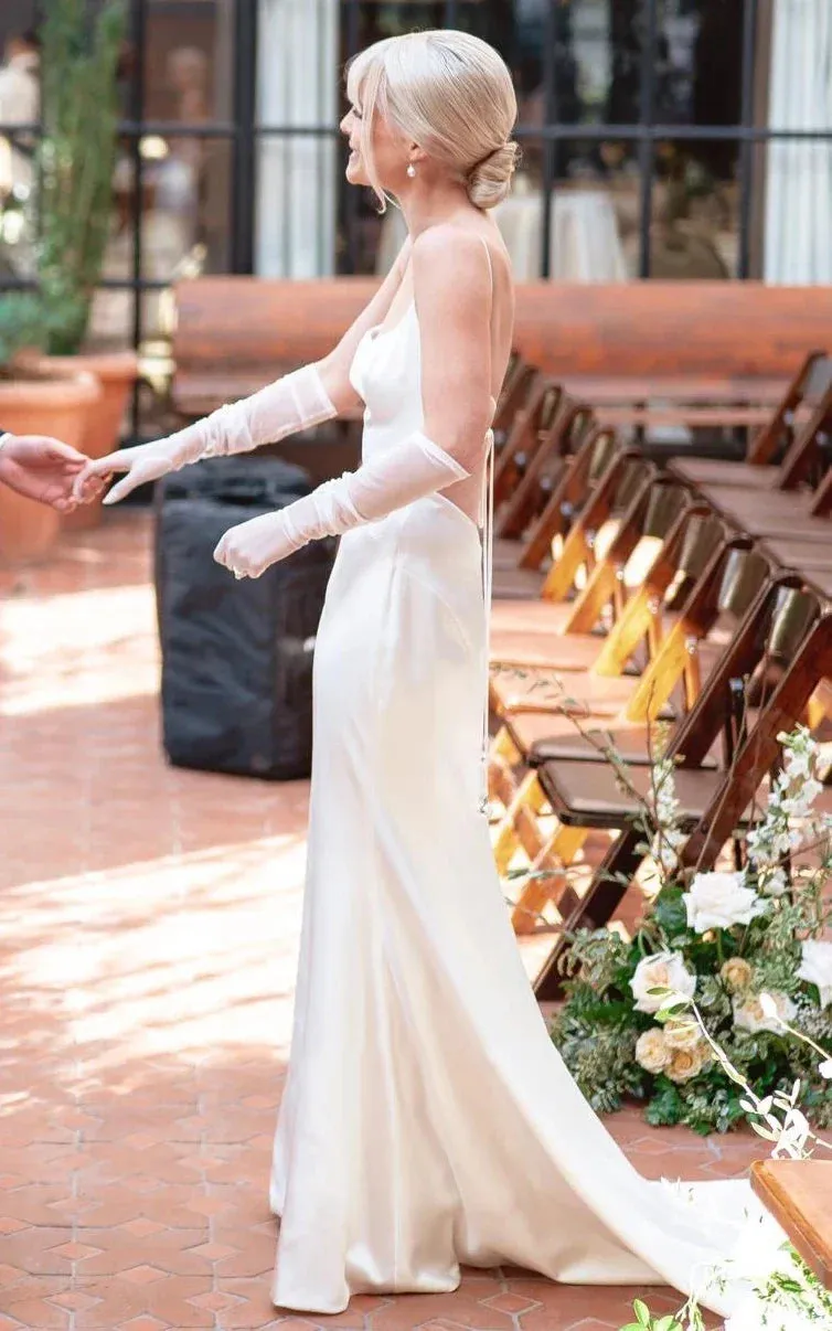 Modern Mermaid Spaghetti Charmeuse Wedding Dress With Chapel Train And Tied Back sold by KissProm product image thumbnail 4
