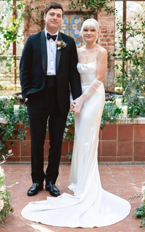 Modern Mermaid Spaghetti Charmeuse Wedding Dress With Chapel Train And Tied Back made by KissProm