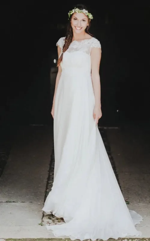 High-end A Line Jewel Chiffon Sweep Train Wedding Dress with Appliques made by KissProm