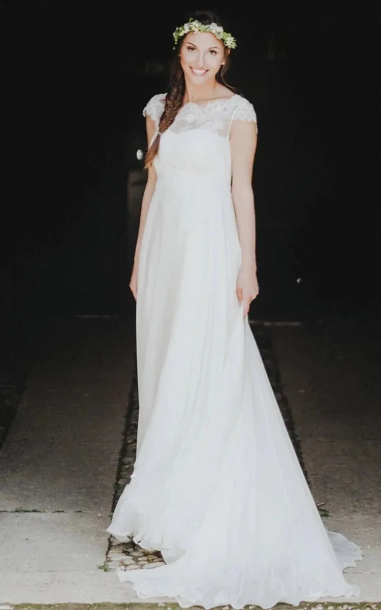 High-end A Line Jewel Chiffon Sweep Train Wedding Dress with Appliques sold by KissProm