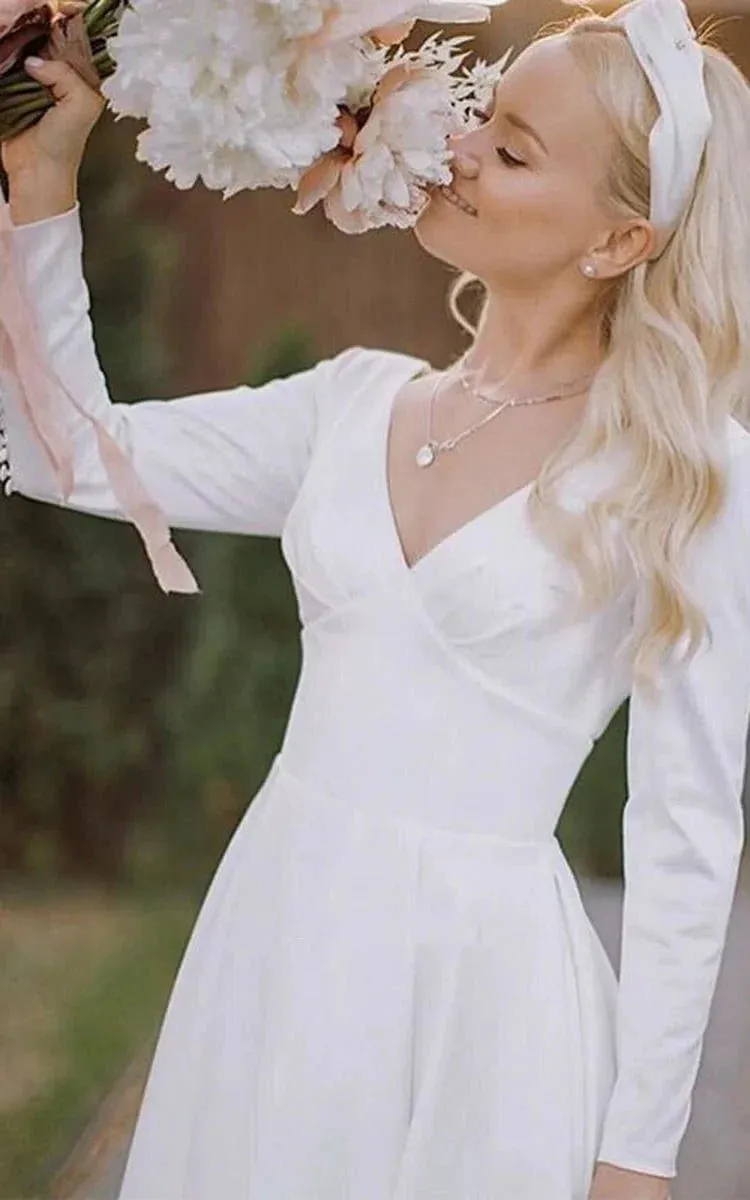 Elegant V-neck Satin A-line Long Sleeve Wedding Dress With Pleats sold by KissProm product image thumbnail 2
