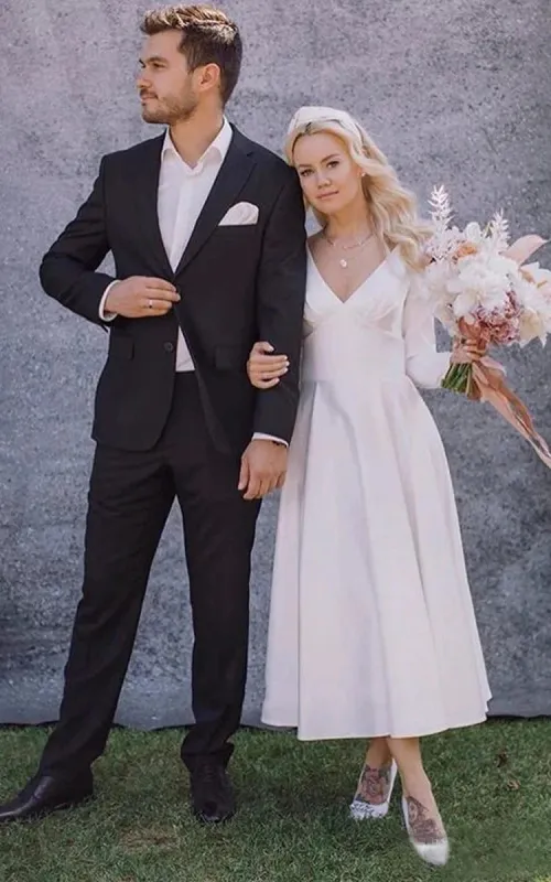 Elegant V-neck Satin A-line Long Sleeve Wedding Dress With Pleats made by KissProm