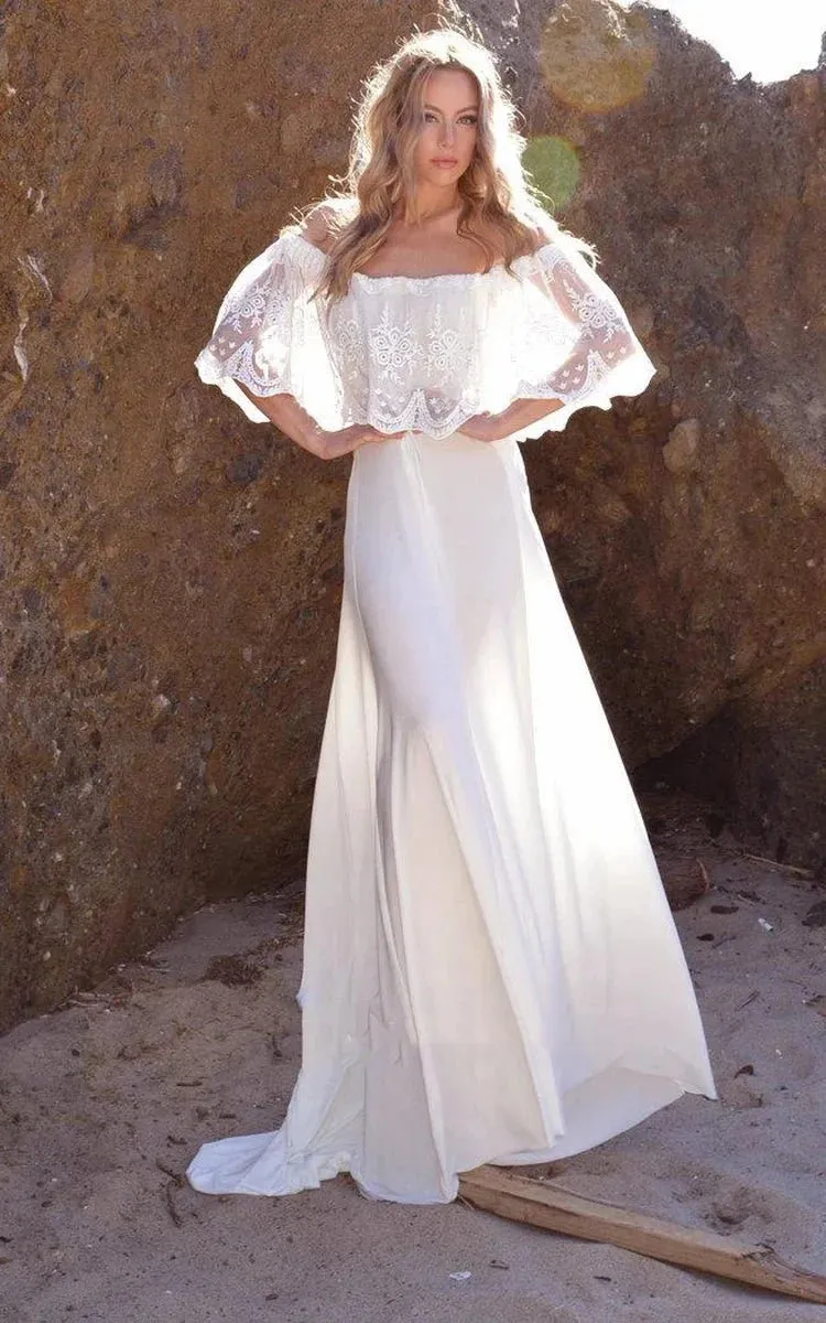 Off-The-Shoulder Lace Jersey Dress With Embroideries Ruffles sold by KissProm
