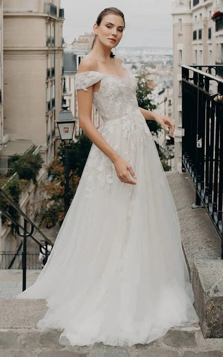 Bohemian Tulle Short Sleeve Brush Train A Line Off-the-shoulder Wedding Dress with Appliques sold by KissProm