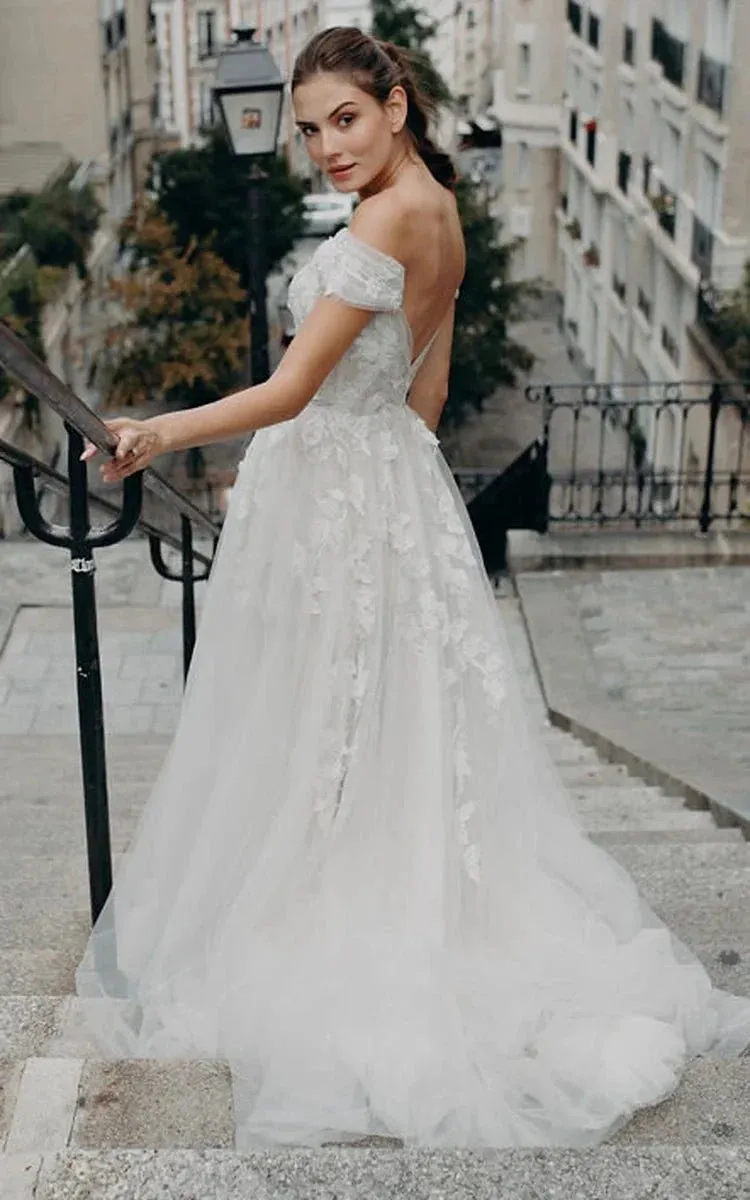 Bohemian Tulle Short Sleeve Brush Train A Line Off-the-shoulder Wedding Dress with Appliques sold by KissProm product image thumbnail 2