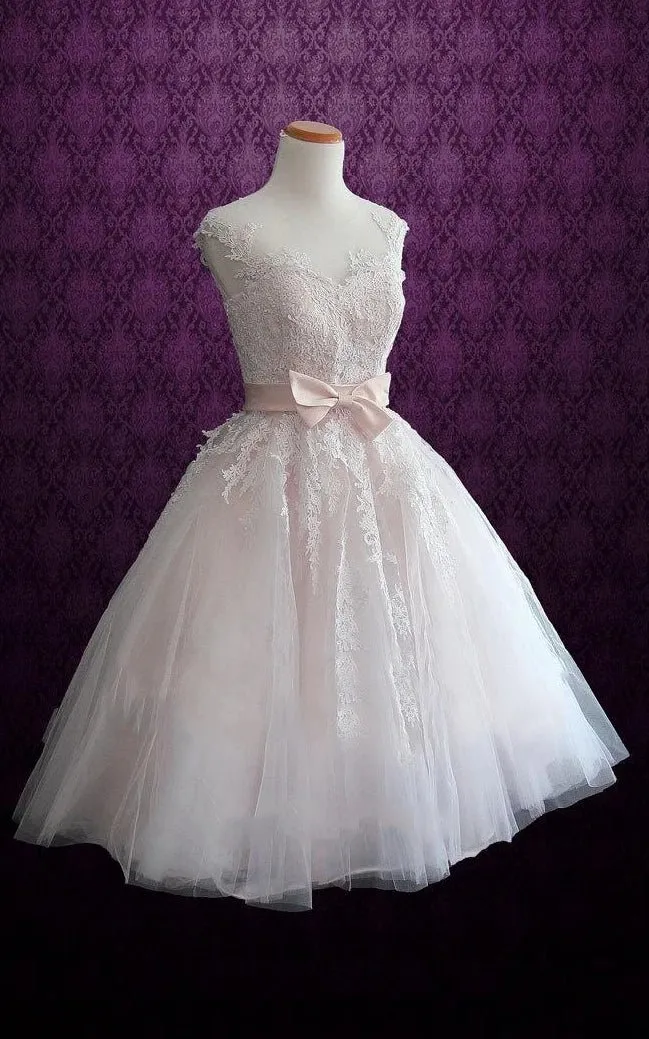Short Tea-Length Tulle Lace Satin Wedding Dress sold by KissProm