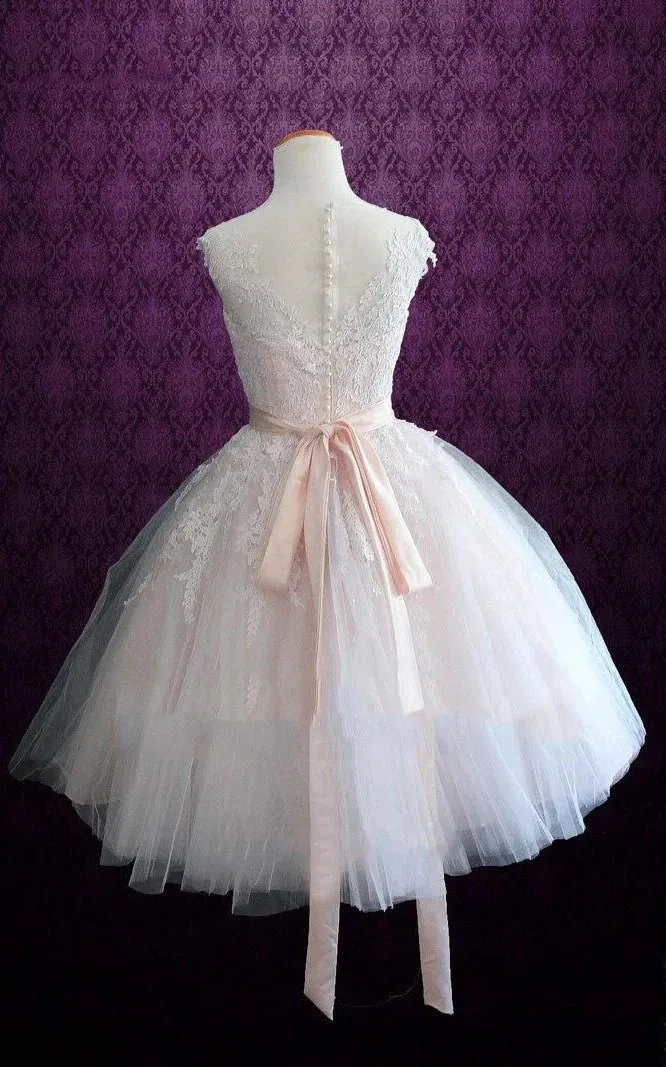 Short Tea-Length Tulle Lace Satin Wedding Dress sold by KissProm product image thumbnail 2