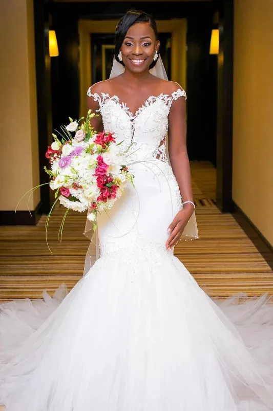Sexy Mermaid Lace and Tulle Appliqued Cap Sleeve Bridal Gown made by KissProm