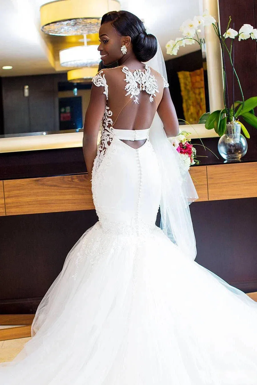 Sexy Mermaid Lace and Tulle Appliqued Cap Sleeve Bridal Gown sold by KissProm product image thumbnail 2