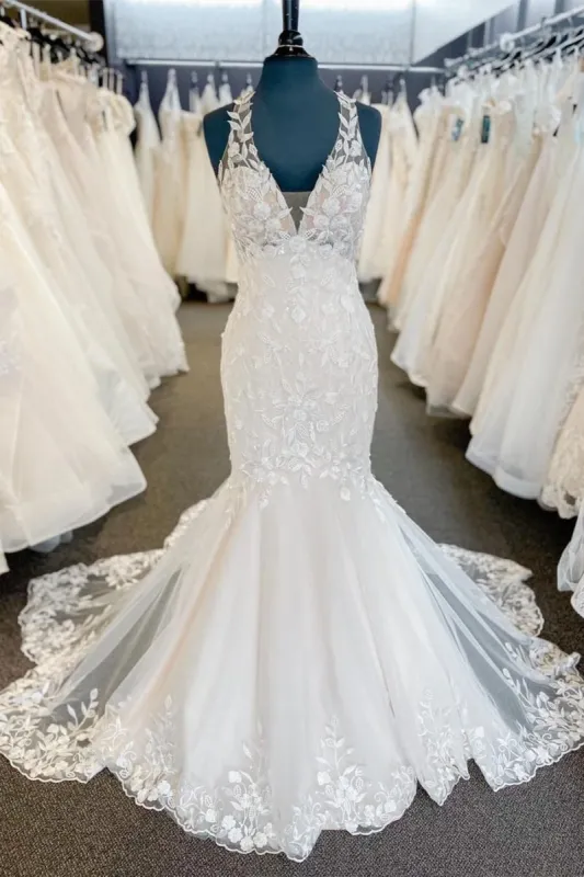 Halter Appliqued White-Nude Mermaid Lace Wedding Dress made by KissProm
