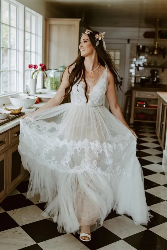 Boho V-Neck Lace Tulle Wedding Dress made by KissProm