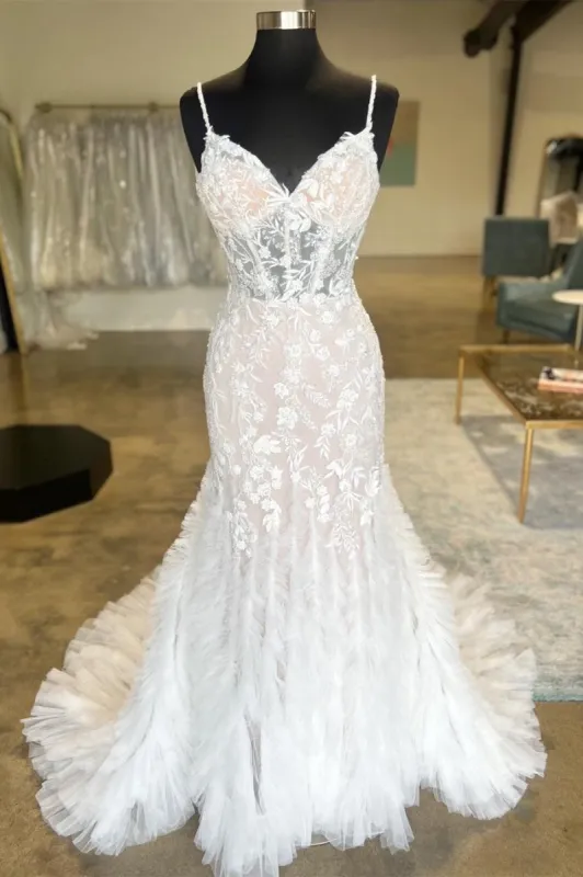 Ivory Spaghetti Strap Ruffles Trumpet Long Wedding Dress made by KissProm