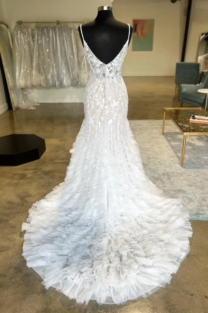Ivory Spaghetti Strap Ruffles Trumpet Long Wedding Dress sold by KissProm product image thumbnail 2