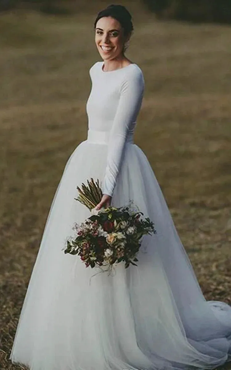 Elegant Long Sleeve Fitted Modest Jersey And Tulle Wedding Dress sold by KissProm product image thumbnail 3