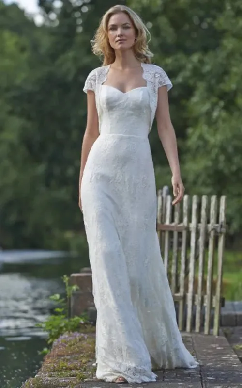 Floor-Length Square Cap-Sleeve Appliqued Lace Wedding Dress made by KissProm