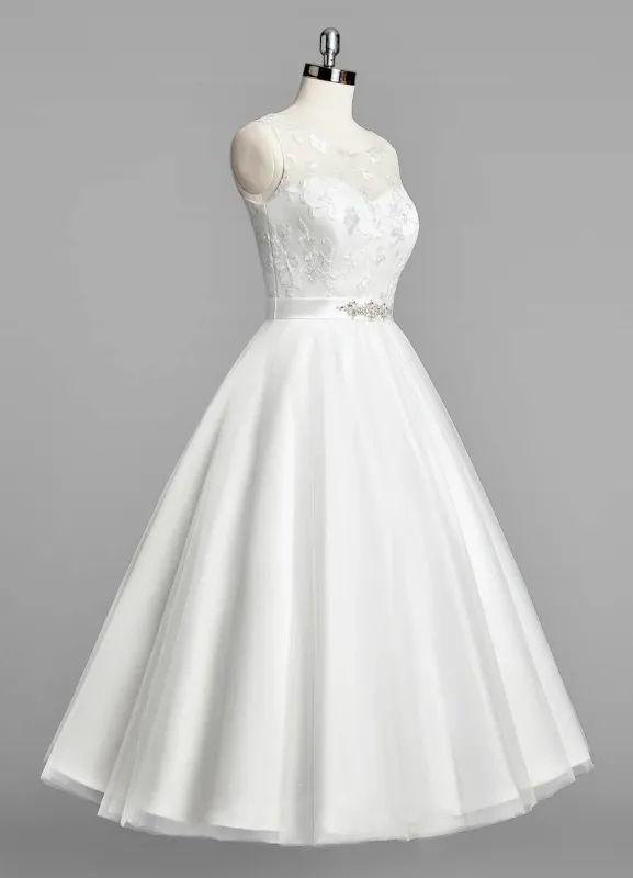 Scoop Neck Sleeveless A-Line Tulle Tea-Length Wedding Dress With Beaded Sash made by KissProm