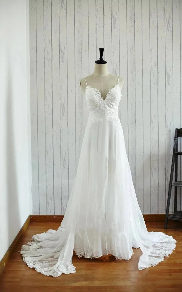 A-Line Backless Chiffon Lace Satin Wedding Dress sold by KissProm