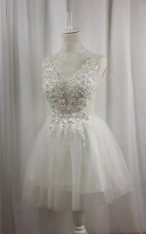 Short V-Neck Tulle Satin A-Line Wedding Dress made by KissProm