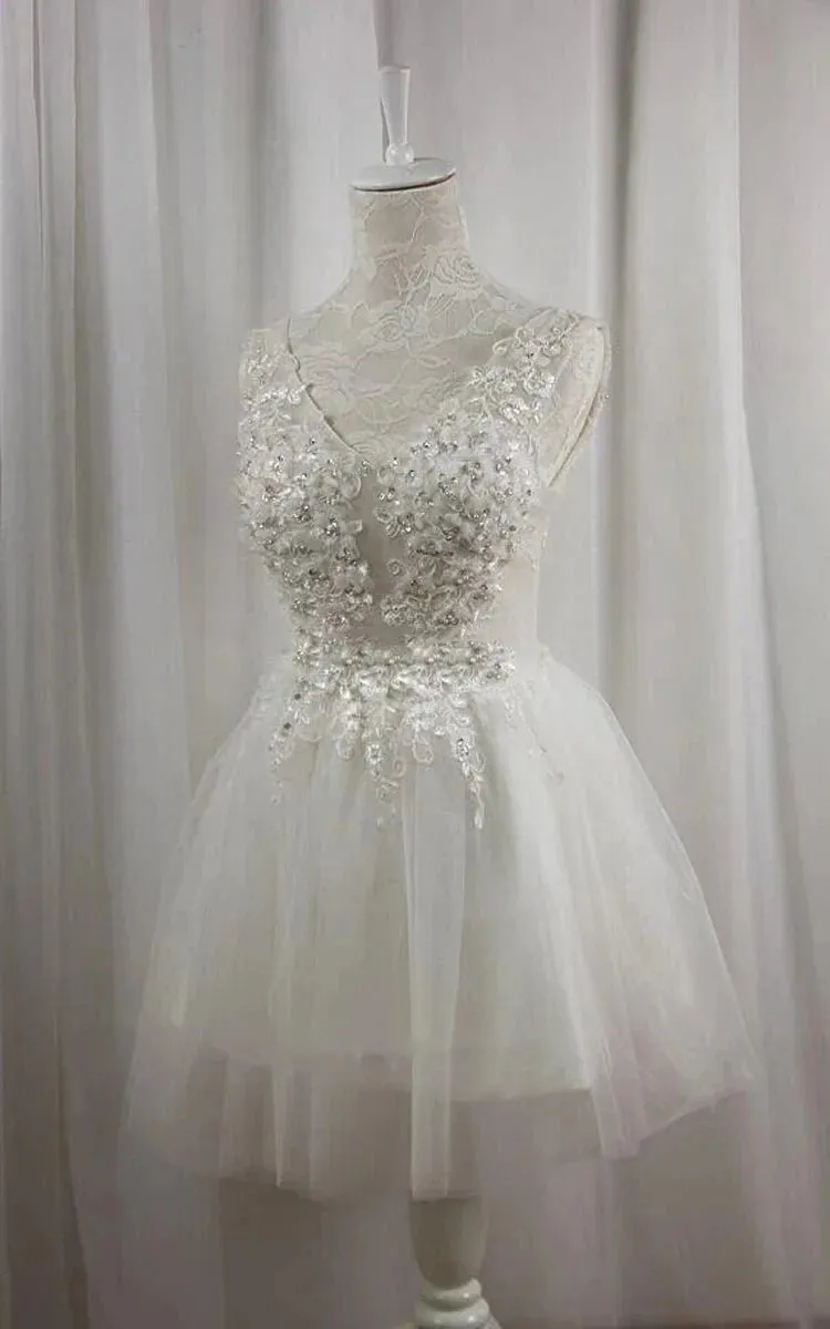 Short V-Neck Tulle Satin A-Line Wedding Dress sold by KissProm