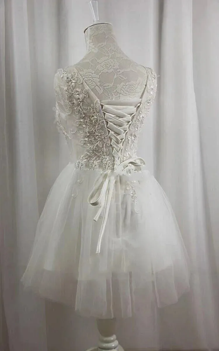 Short V-Neck Tulle Satin A-Line Wedding Dress sold by KissProm product image thumbnail 2
