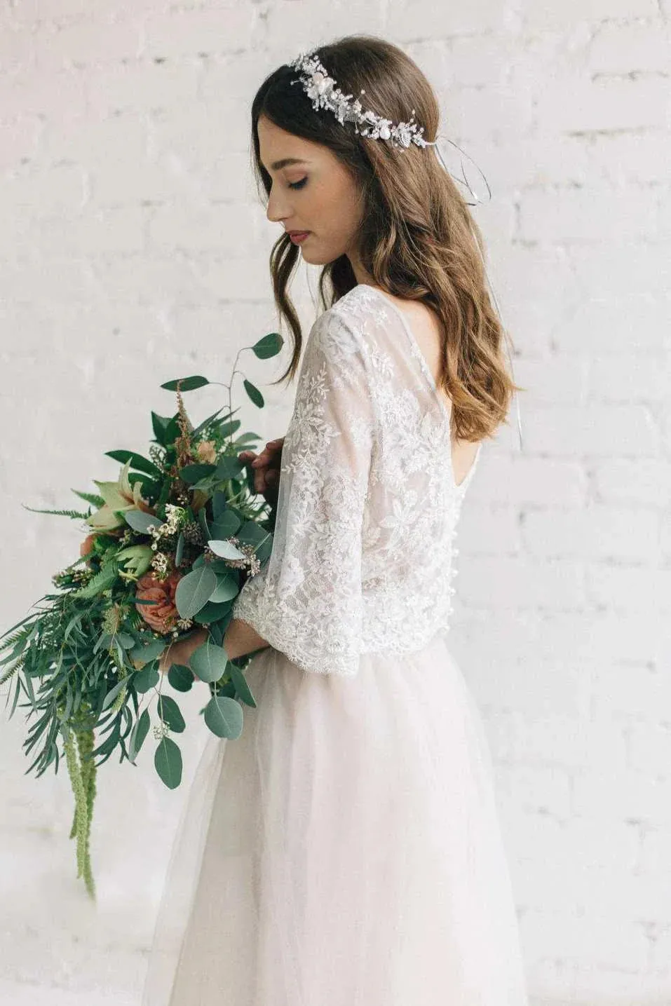 Bateau Lace Half Sleeve A-Line Tulle Dress With Low-V Back sold by KissProm product image thumbnail 3