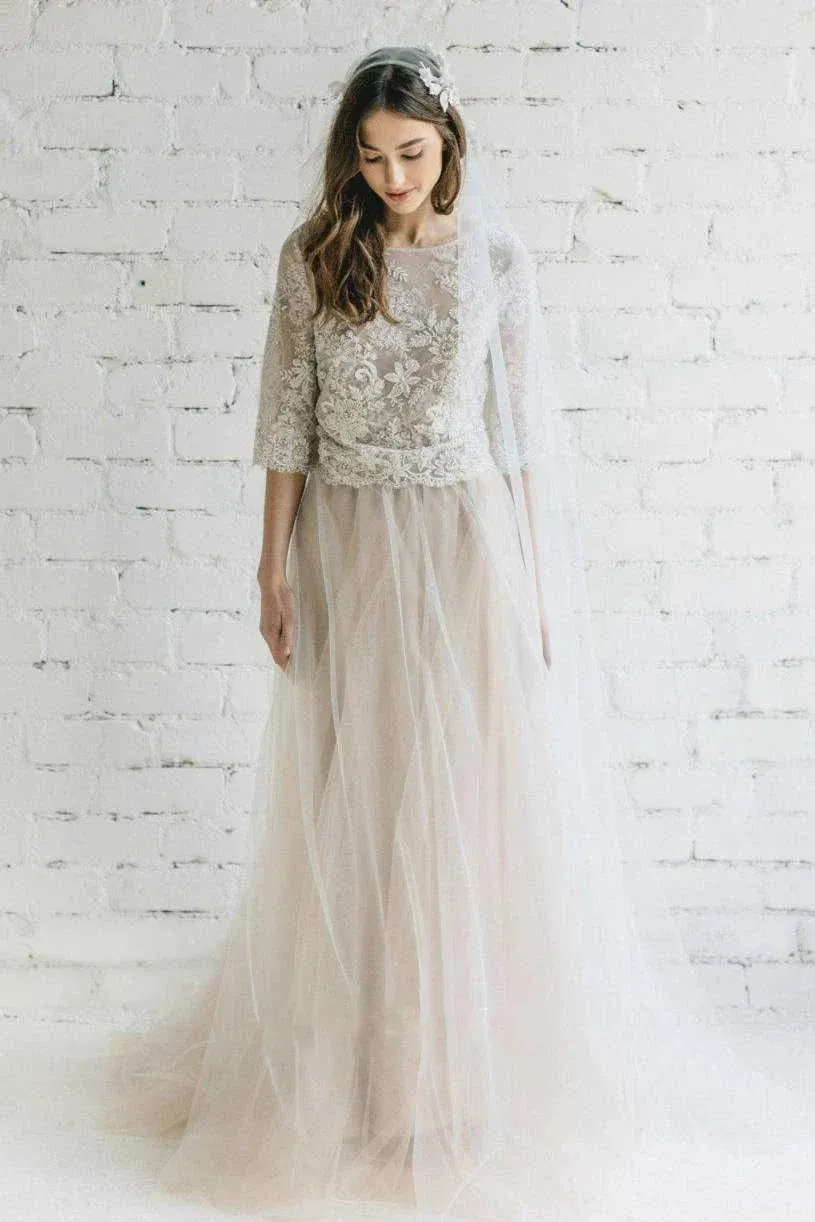 Bateau Lace Half Sleeve A-Line Tulle Dress With Low-V Back sold by KissProm