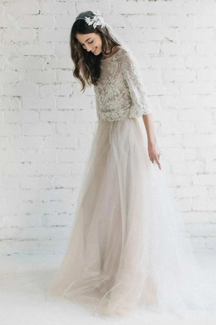 Bateau Lace Half Sleeve A-Line Tulle Dress With Low-V Back sold by KissProm product image thumbnail 4