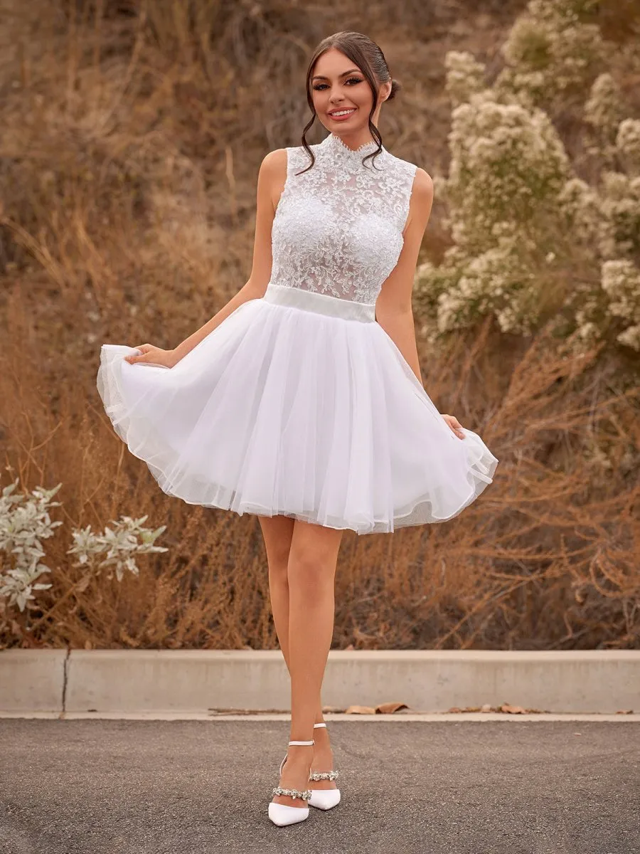 Mini Knee-Length Tulle Lace Dress With Beading Keyhole Back sold by KissProm product image thumbnail 5