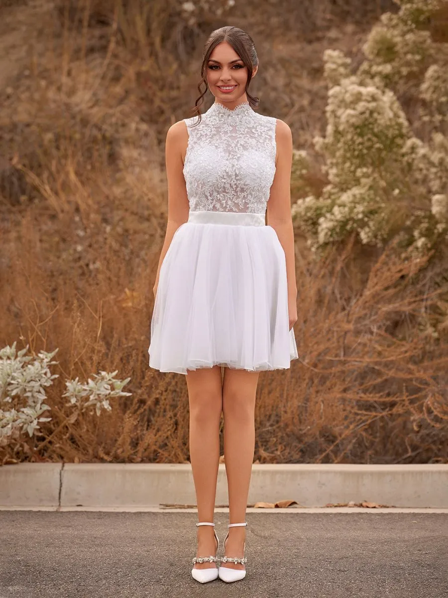 Mini Knee-Length Tulle Lace Dress With Beading Keyhole Back sold by KissProm product image thumbnail 4