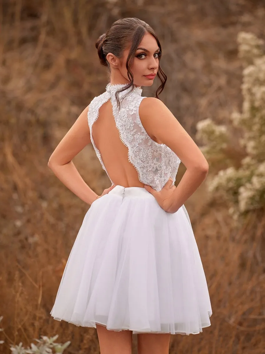 Mini Knee-Length Tulle Lace Dress With Beading Keyhole Back sold by KissProm product image thumbnail 2