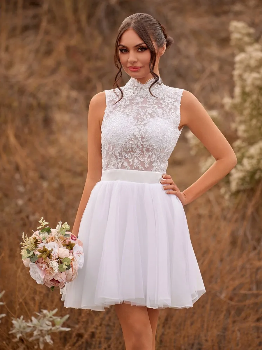 Mini Knee-Length Tulle Lace Dress With Beading Keyhole Back sold by KissProm product image thumbnail 3