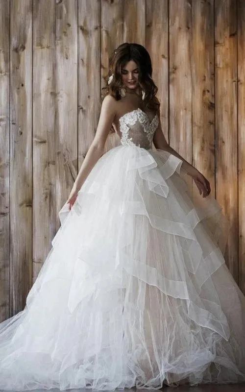 Detachable Floral Princess A-Line Boho Lace Wedding Dress Elegant Chic Sweetheart Court Train Ball Gown made by KissProm