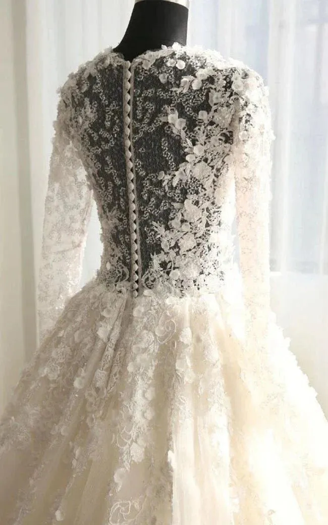 A-Line Long Sleeve Bell Beading Appliques Flower Zipper Keyhole Tulle Lace Dress sold by KissProm product image thumbnail 2