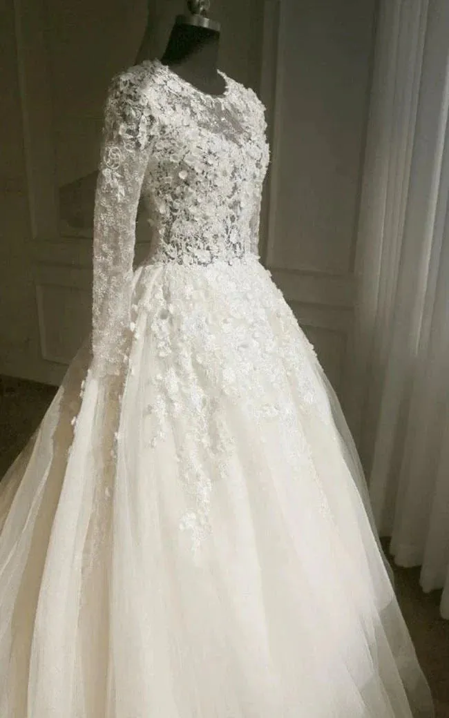 A-Line Long Sleeve Bell Beading Appliques Flower Zipper Keyhole Tulle Lace Dress sold by KissProm product image thumbnail 3