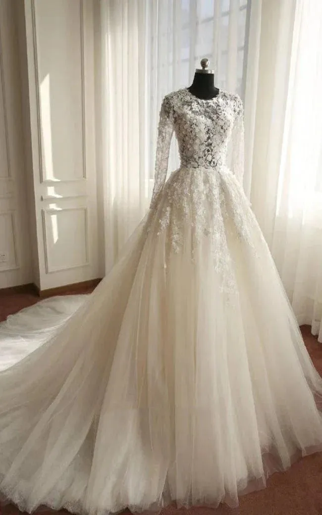 A-Line Long Sleeve Bell Beading Appliques Flower Zipper Keyhole Tulle Lace Dress sold by KissProm product image thumbnail 4