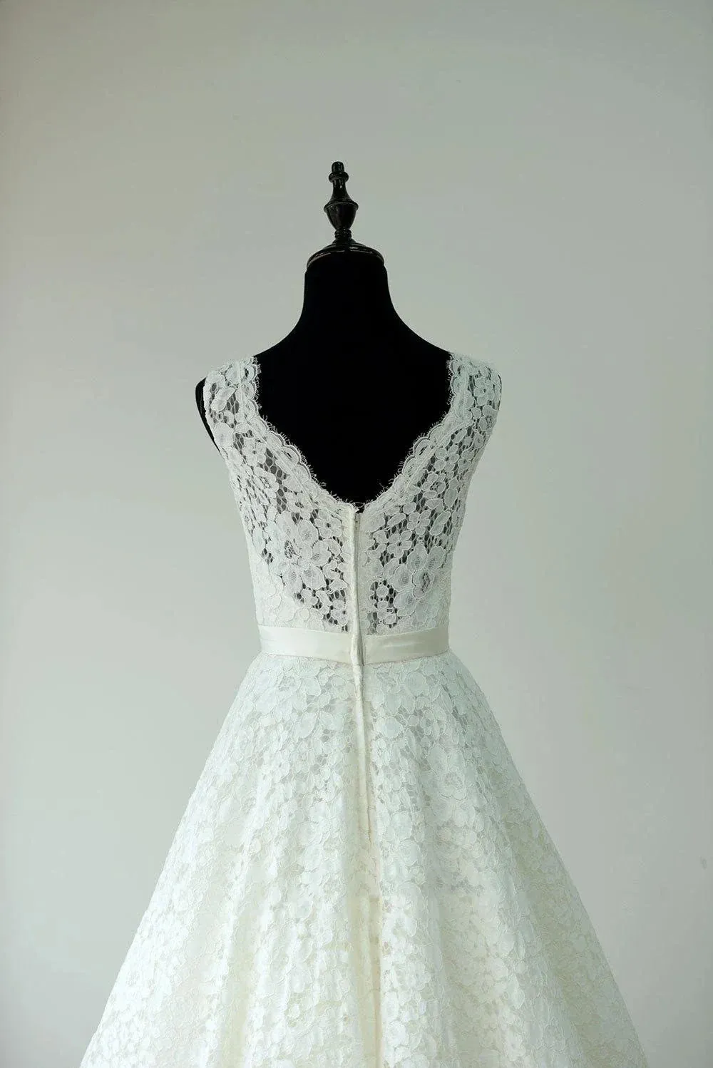 Sleeveless Sheer Illusion Neckline Tea Length Garden Bridal Dress With Waistband sold by KissProm product image thumbnail 4