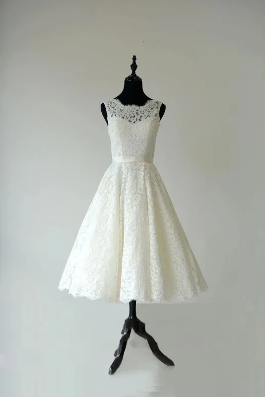 Sleeveless Sheer Illusion Neckline Tea Length Garden Bridal Dress With Waistband made by KissProm