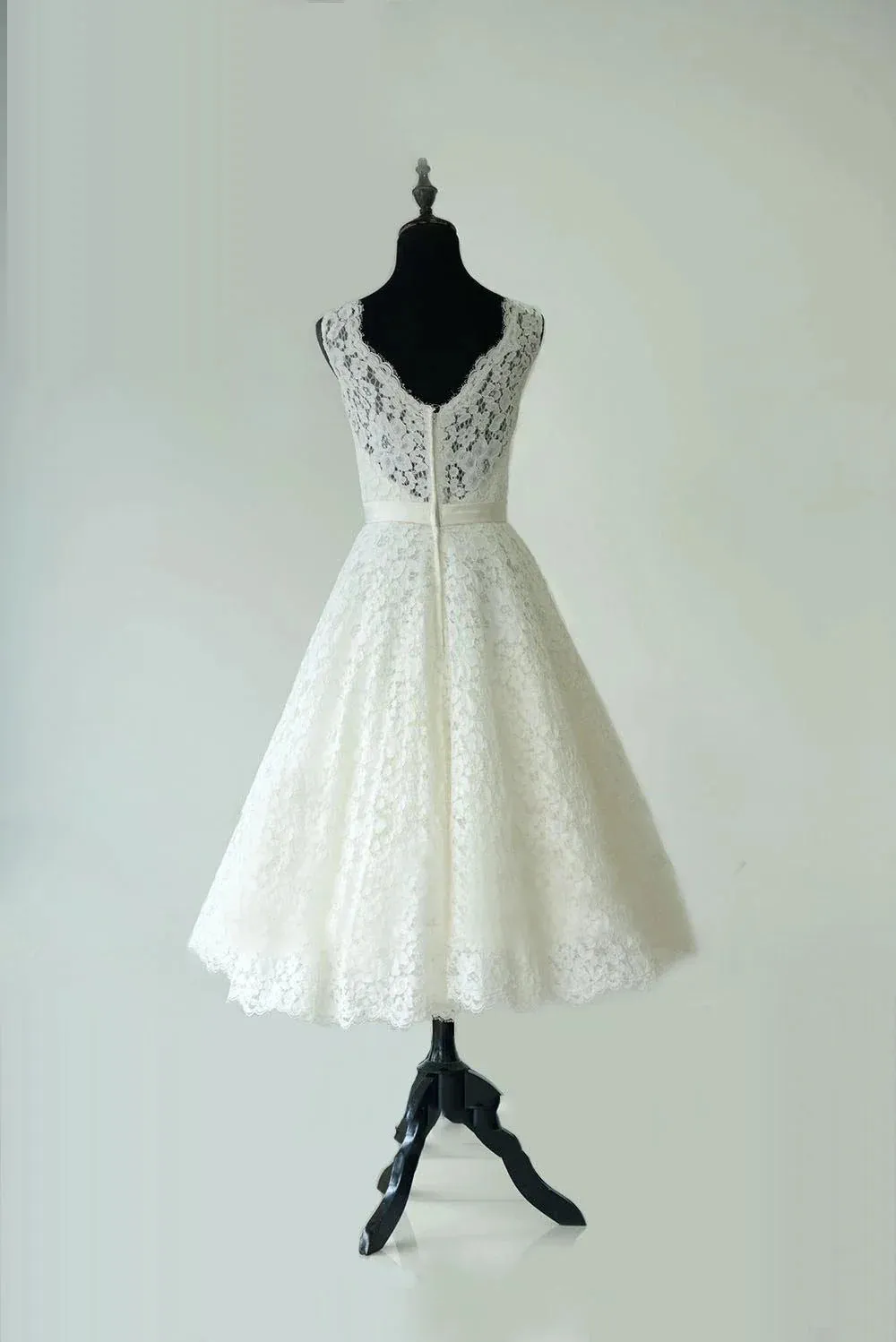 Sleeveless Sheer Illusion Neckline Tea Length Garden Bridal Dress With Waistband sold by KissProm product image thumbnail 2