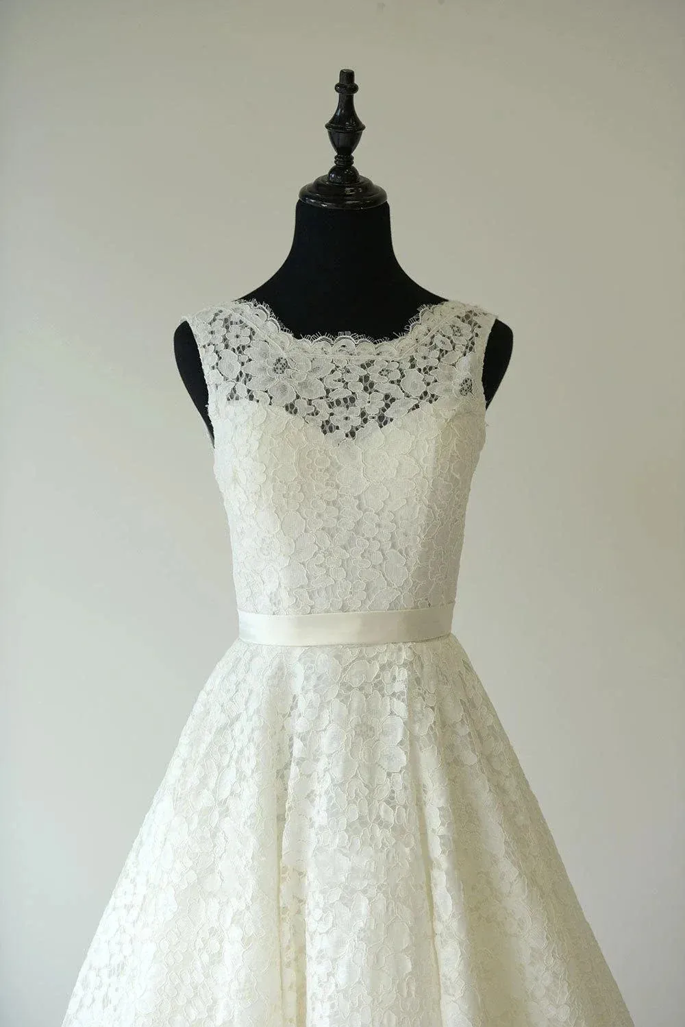Sleeveless Sheer Illusion Neckline Tea Length Garden Bridal Dress With Waistband sold by KissProm product image thumbnail 3