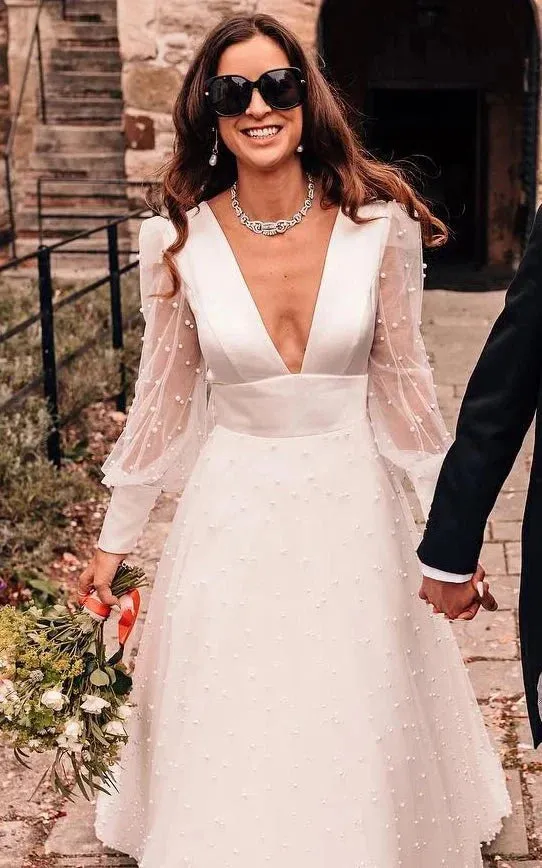 Plunging Neckline A-Line Lace Casual Wedding Dress With Open Back And Beading sold by KissProm product image thumbnail 3