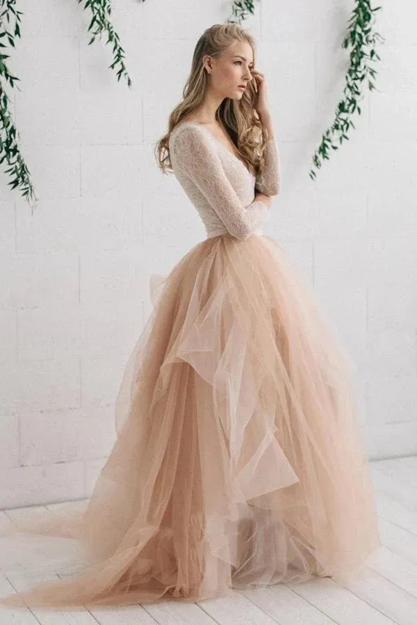 Tulle Satin Tiers Zipper V Neck Long Sleeves Wedding Dress sold by KissProm product image thumbnail 2