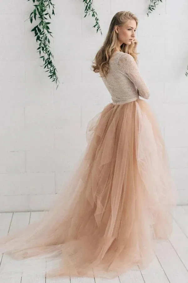 Tulle Satin Tiers Zipper V Neck Long Sleeves Wedding Dress sold by KissProm product image thumbnail 3