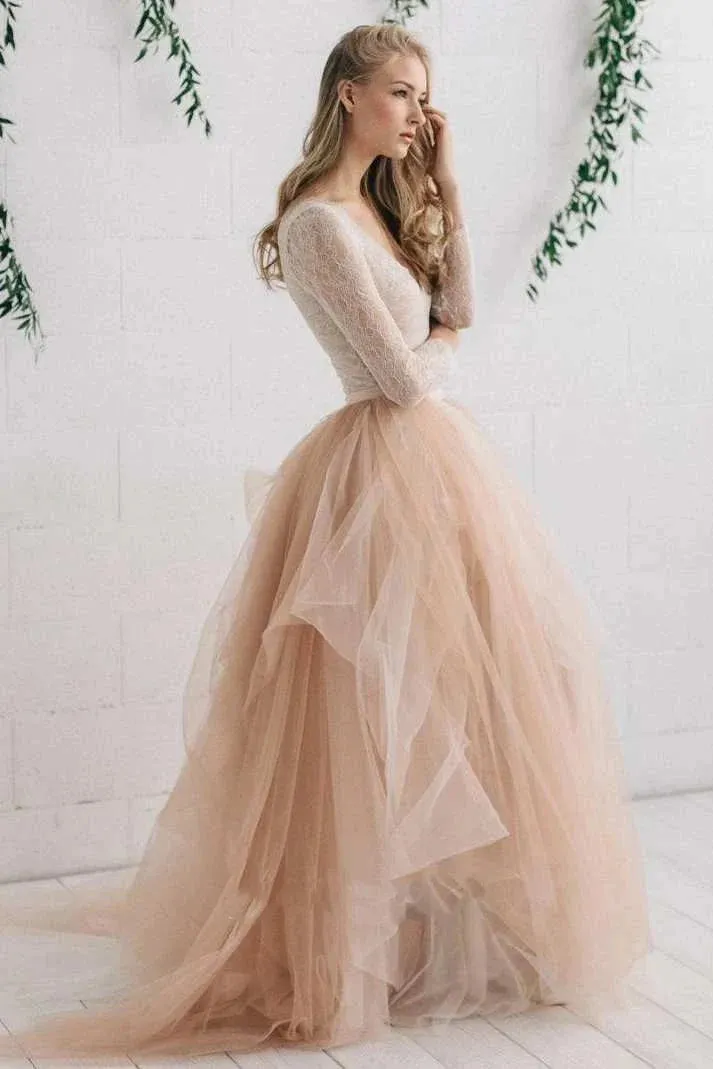 Tulle Satin Tiers Zipper V Neck Long Sleeves Wedding Dress sold by KissProm product image thumbnail 4