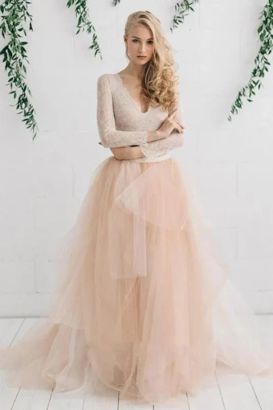 Tulle Satin Tiers Zipper V Neck Long Sleeves Wedding Dress made by KissProm