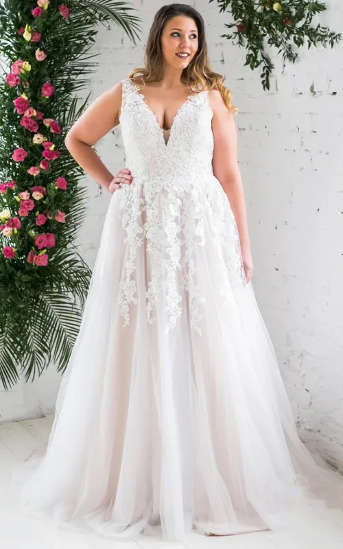 A Line Romantic Tulle Plunging Neckline Wedding Dress with Appliques made by KissProm