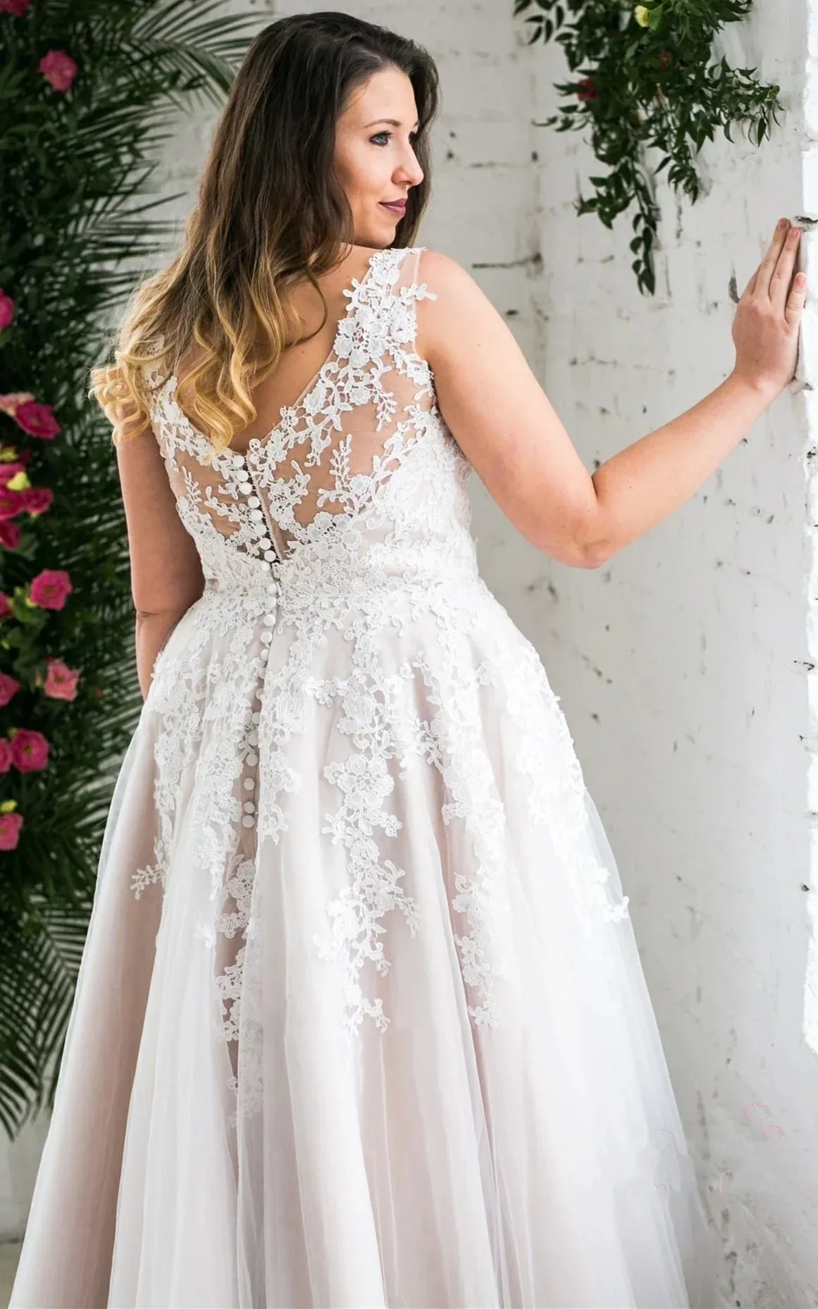 A Line Romantic Tulle Plunging Neckline Wedding Dress with Appliques sold by KissProm product image thumbnail 2