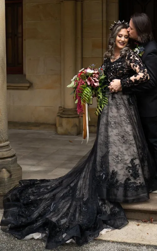Modern Gothic Boho Lace Black Wedding Dress Vintage Unique A-Line Long Sleeve Bridal Gown with Court Train made by KissProm
