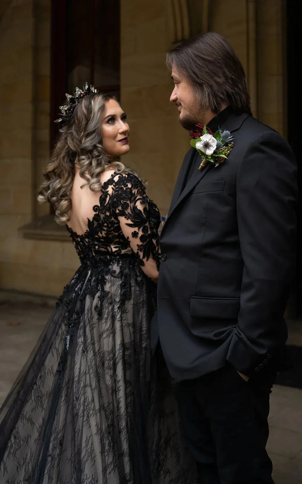 Modern Gothic Boho Lace Black Wedding Dress Vintage Unique A-Line Long Sleeve Bridal Gown with Court Train sold by KissProm product image thumbnail 5