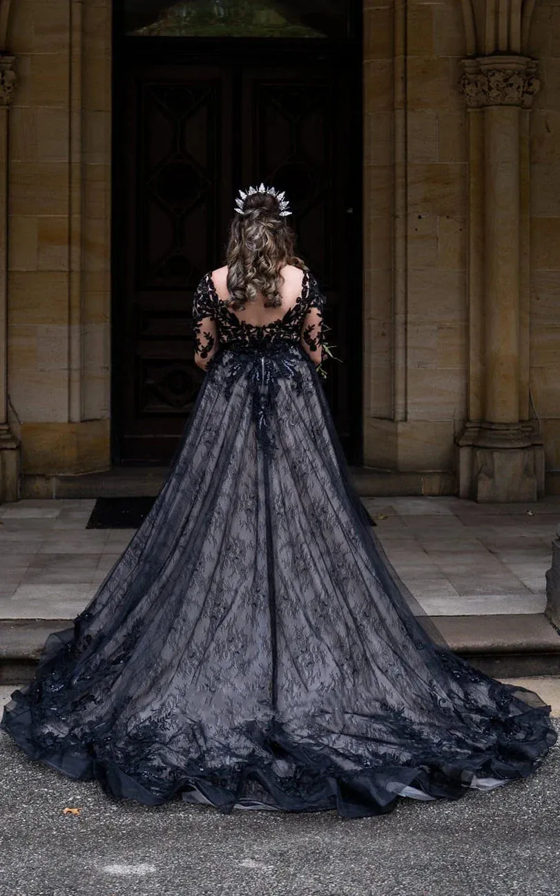 Modern Gothic Boho Lace Black Wedding Dress Vintage Unique A-Line Long Sleeve Bridal Gown with Court Train sold by KissProm product image thumbnail 2